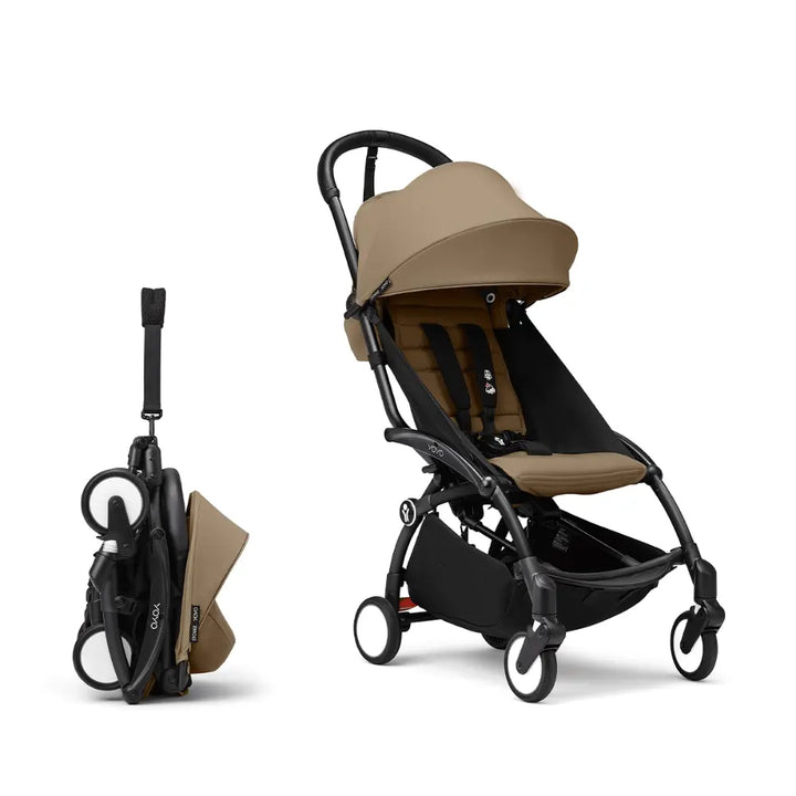 Stokke YOYO3 Stroller | Lightweight Compact Travel Stroller for Babies | Cabin Friendly &amp; Foldable | UPF 50+ Sun Protection | 5 Point Safety Harness | Award Winning Design | YOYO Stroller India | 6 Months to 4 Years - Black/Toffee