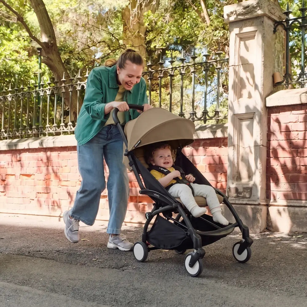 Stokke YOYO3 Stroller | Lightweight Compact Travel Stroller for Babies | Cabin Friendly &amp; Foldable | UPF 50+ Sun Protection | 5 Point Safety Harness | Award Winning Design | YOYO Stroller India | 6 Months to 4 Years - Black/Toffee