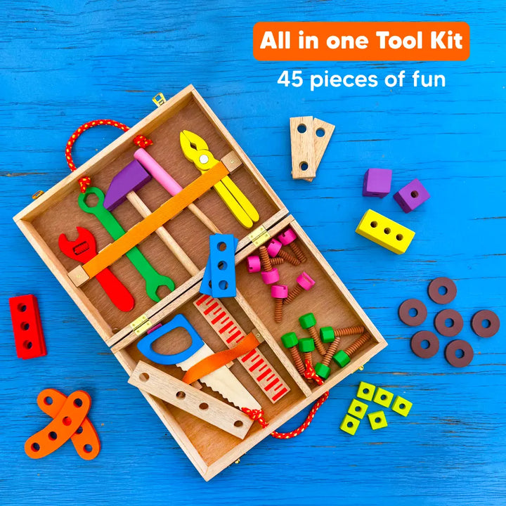 Shumee 43-Piece Wooden Tool Kit &amp; Construction Set – STEM Learning DIY Building Toy with Workbench, Nuts, Bolts &amp; Hammer for Kids (3-7 Years)