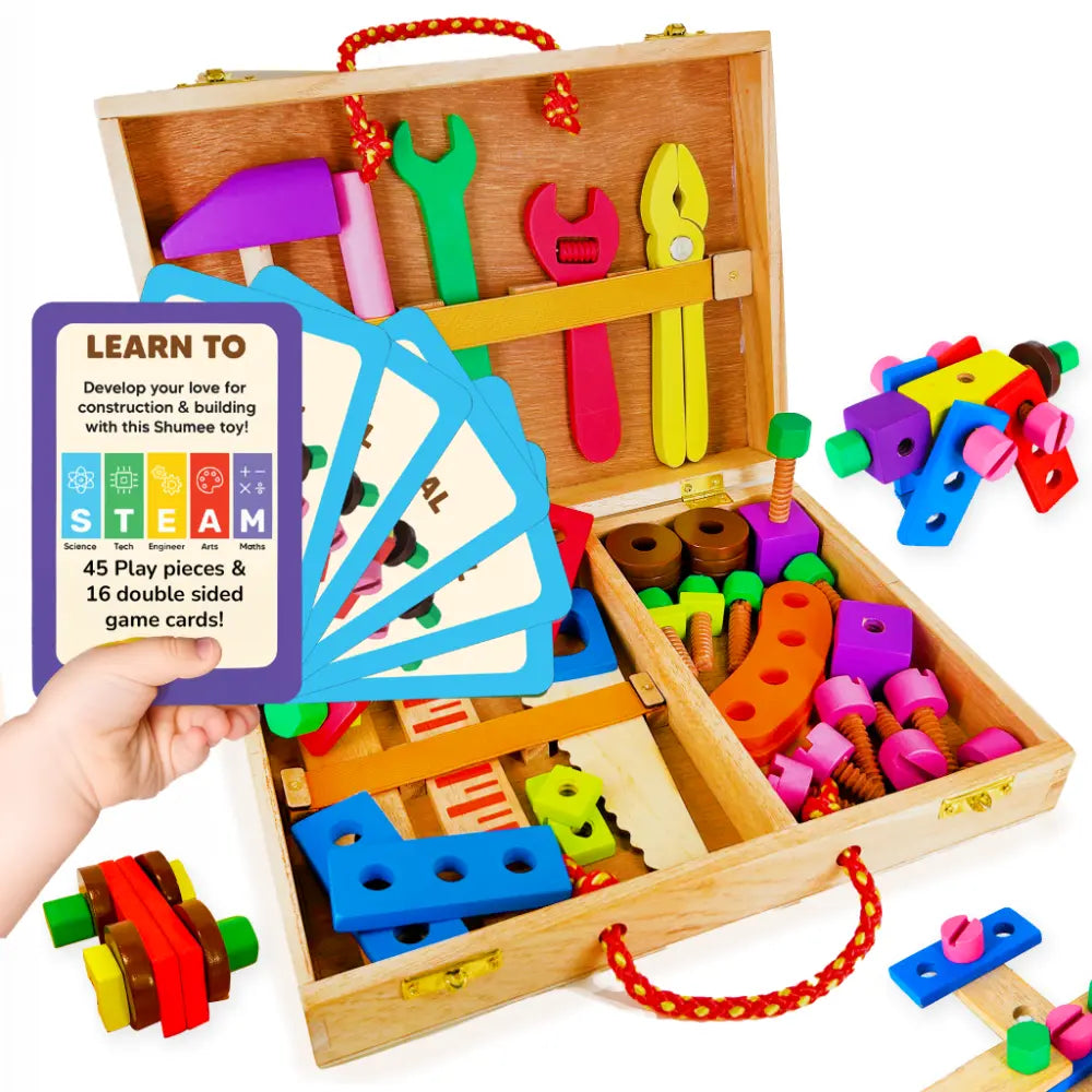 Shumee 43-Piece Wooden Tool Kit &amp; Construction Set – STEM Learning DIY Building Toy with Workbench, Nuts, Bolts &amp; Hammer for Kids (3-7 Years)