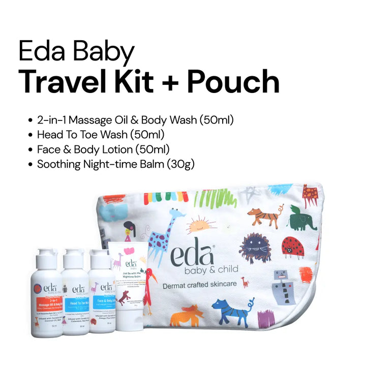 Eda Baby &amp; Child Travel Kit with Pouch | 4-in-1 Dermat Crafted Baby Skincare Set 0-10 Yrs | Bath Oil + Head to Toe Wash + Face &amp; Body Lotion + Nighttime Balm | Centella, Chamomile, Calendula | Safe from Day 1