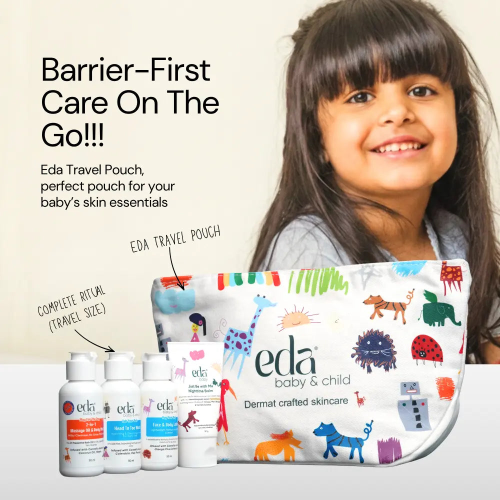 Eda Baby &amp; Child Travel Kit with Pouch | 4-in-1 Dermat Crafted Baby Skincare Set 0-10 Yrs | Bath Oil + Head to Toe Wash + Face &amp; Body Lotion + Nighttime Balm | Centella, Chamomile, Calendula | Safe from Day 1