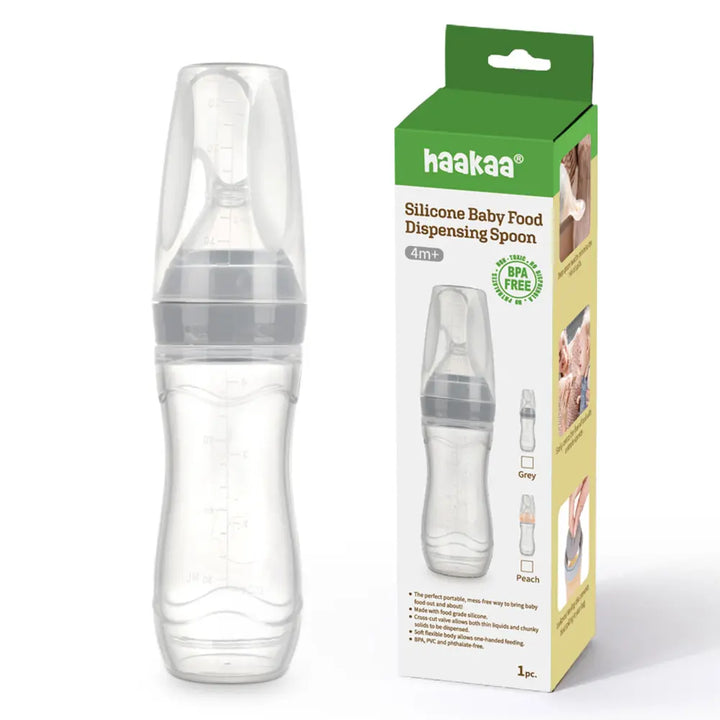 Haakaa Silicone Baby Food Dispensing Spoon – Mess-Free Feeding with Squeeze Handle – Grey