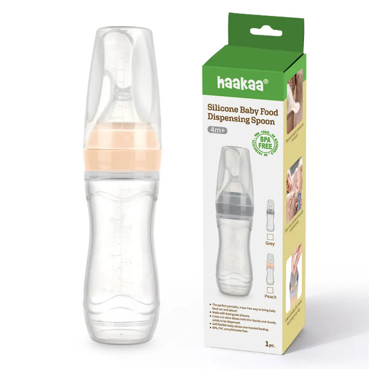 Haakaa Silicone Baby Food Dispensing Spoon – Mess-Free Feeding with Squeeze Handle – Peach