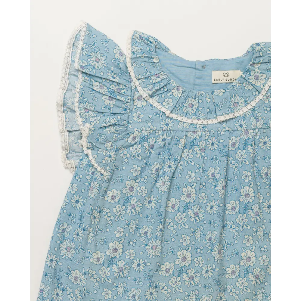 Early Sunday Vicky Baby Dress &amp; Bloomer Set - Tonal Floral Blue Print