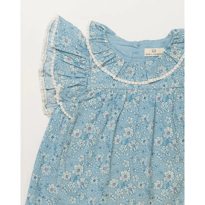 Early Sunday Vicky Baby Dress &amp; Bloomer Set - Tonal Floral Blue Print