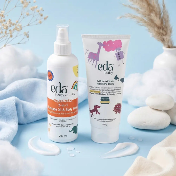 Eda Baby &amp; Child Soothing Skin Bundle - 2 in 1 Cleansing Bath Oil &amp; Nighttime Balm | Hypoallergenic | Dermat-Tested | Centella Asiatica | Calming Bedtime Skincare Set for Newborns &amp; Toddlers