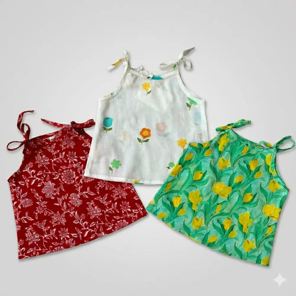 Bhaakur Organic Cotton Set of 3 Printed Tops for Girls - Green Floral