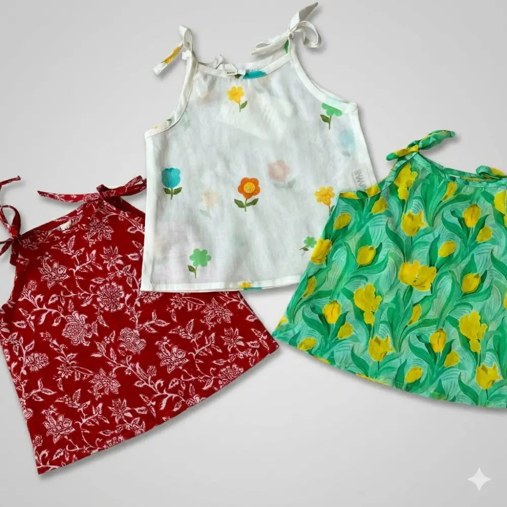 Bhaakur Organic Cotton Set of 3 Printed Tops for Girls - Green Floral