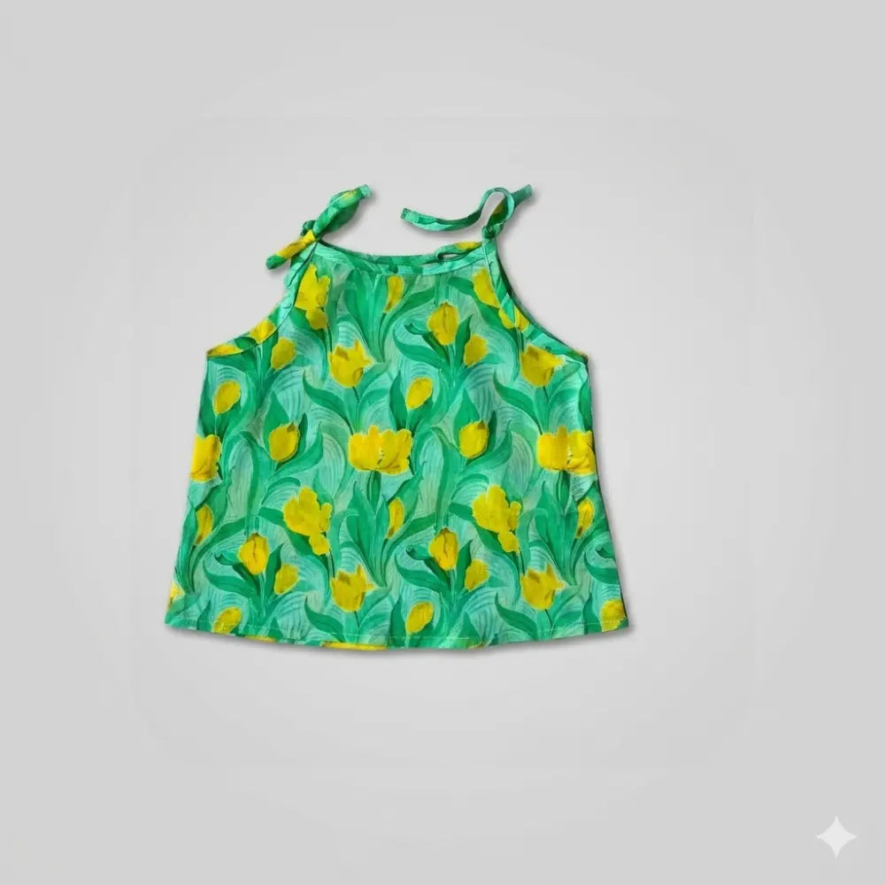 Bhaakur Organic Cotton Set of 3 Printed Tops for Girls - Green Floral