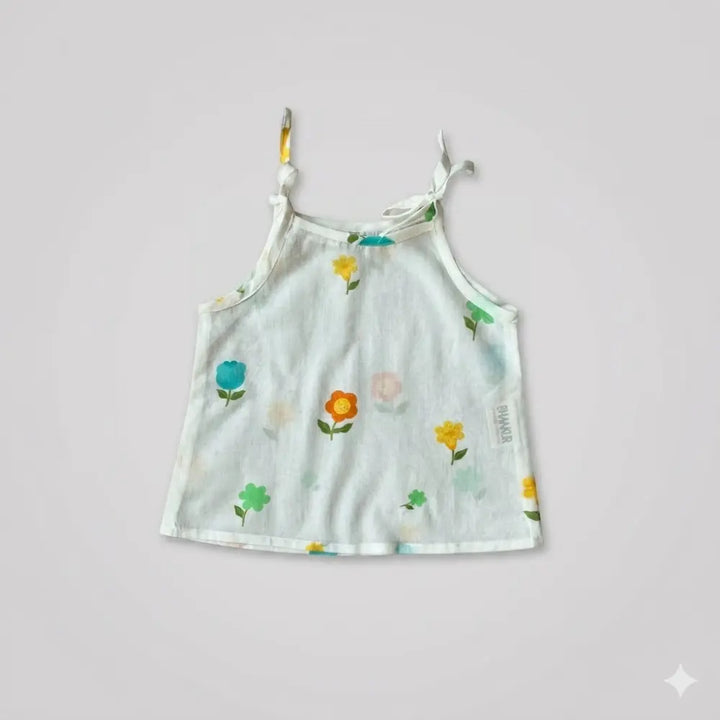 Bhaakur Organic Cotton Set of 3 Printed Tops for Girls - Green Floral