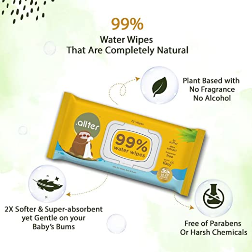 Allter 99% Unscented Water Baby Wipes - Pack of 1 (72 Wipes)
