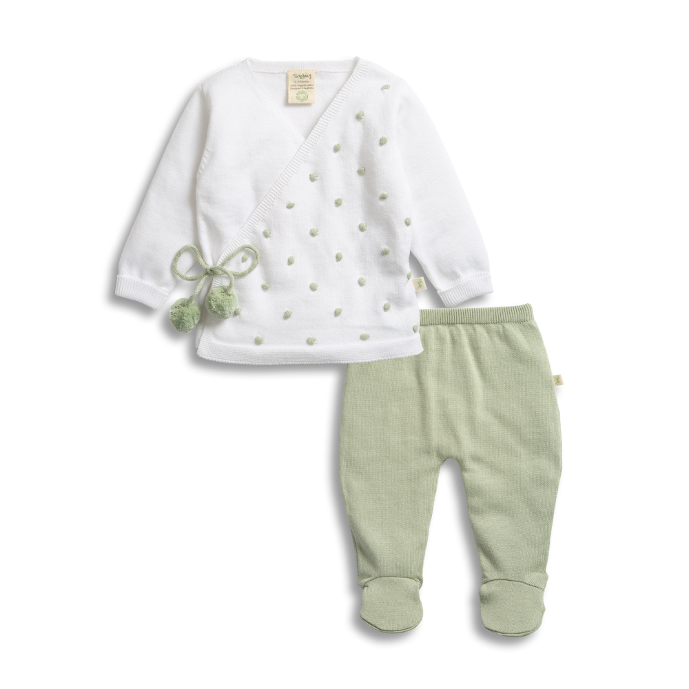 Tiny Twig Knitted Kimono Set - White/Sage