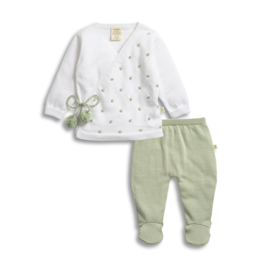 Tiny Twig Knitted Kimono Set - White/Sage