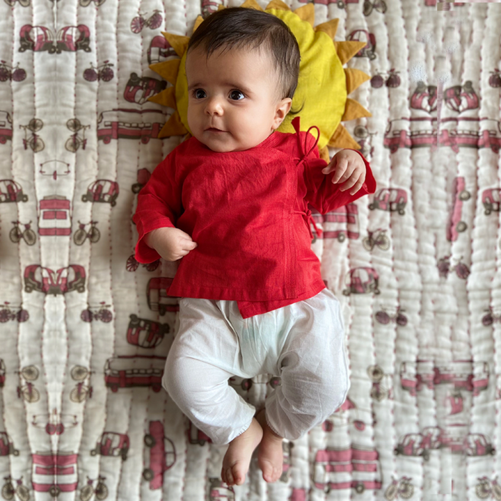 Whitewater Kids Unisex Organic Red Angrakha &amp; White Pants