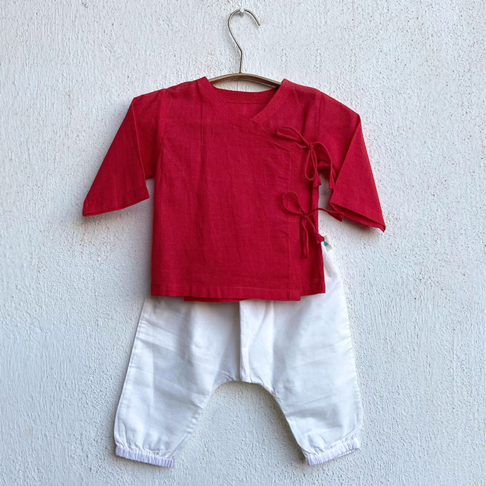 Whitewater Kids Unisex Organic Red Angrakha & White Pants