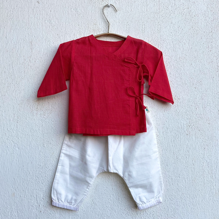 Whitewater Kids Unisex Organic Red Angrakha &amp; White Pants