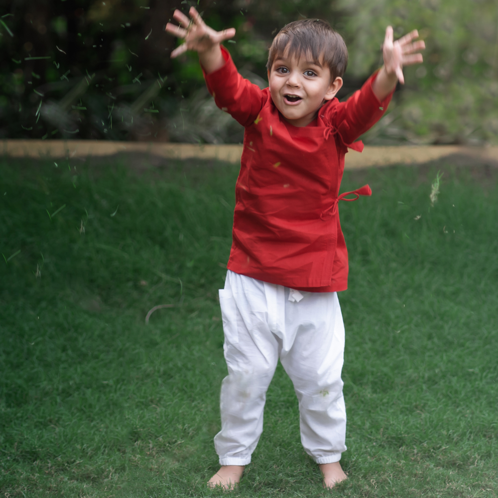 Whitewater Kids Unisex Organic Red Angrakha & White Pants