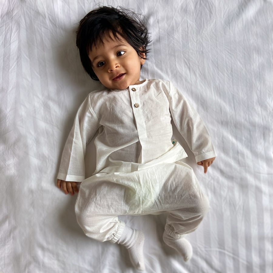 Whitewater Kids Unisex Organic Full Sleeve White Kurta Set