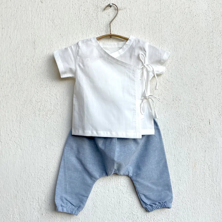 Whitewater Kids Organic Cotton Unisex White Angrakha With Chambray Pants