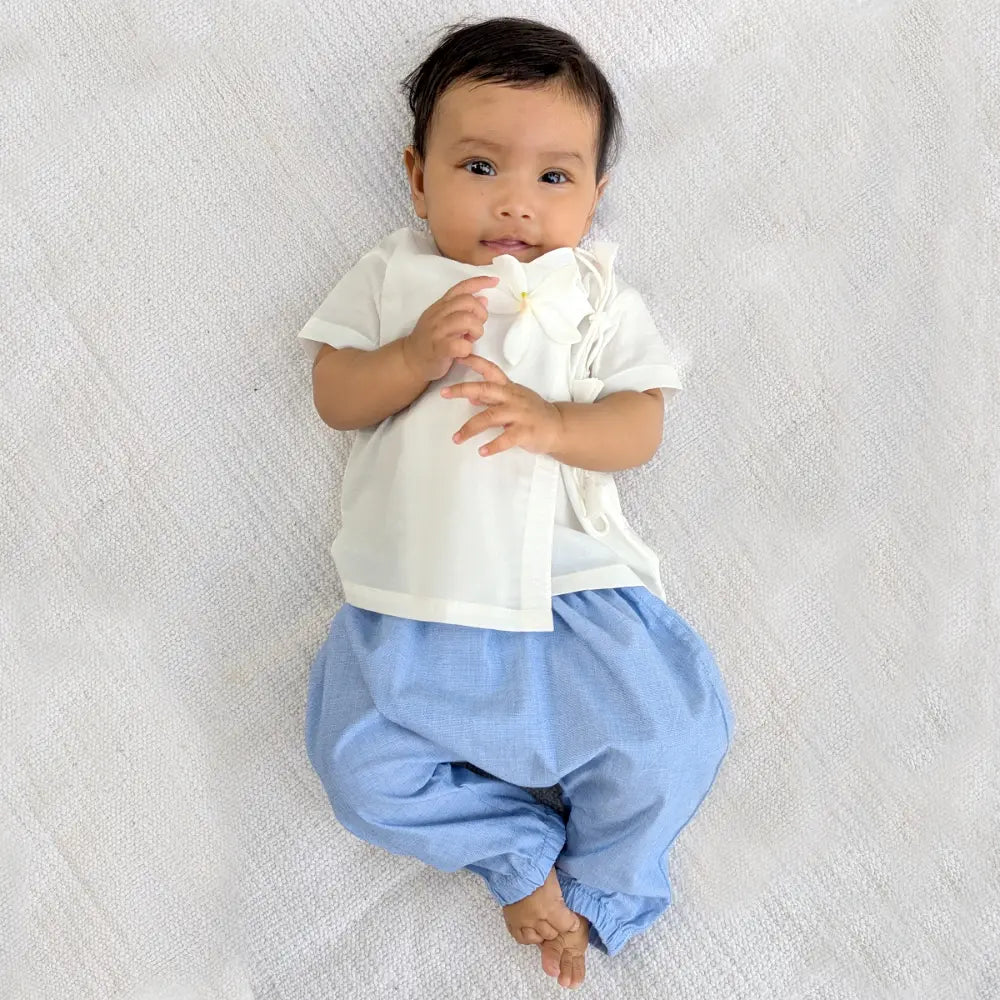 Whitewater Kids Organic Cotton Unisex White Angrakha With Chambray Pants