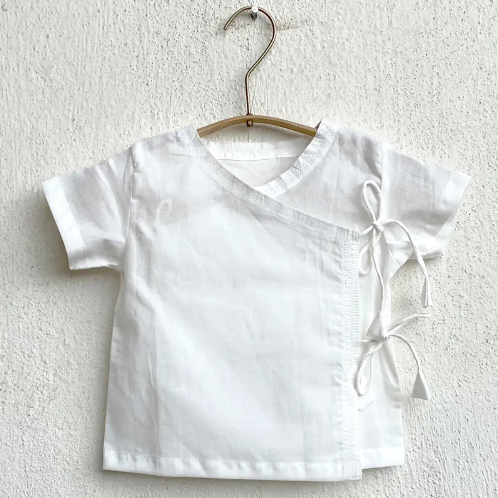 Whitewater Kids Organic Cotton Unisex White Angrakha With Chambray Pants