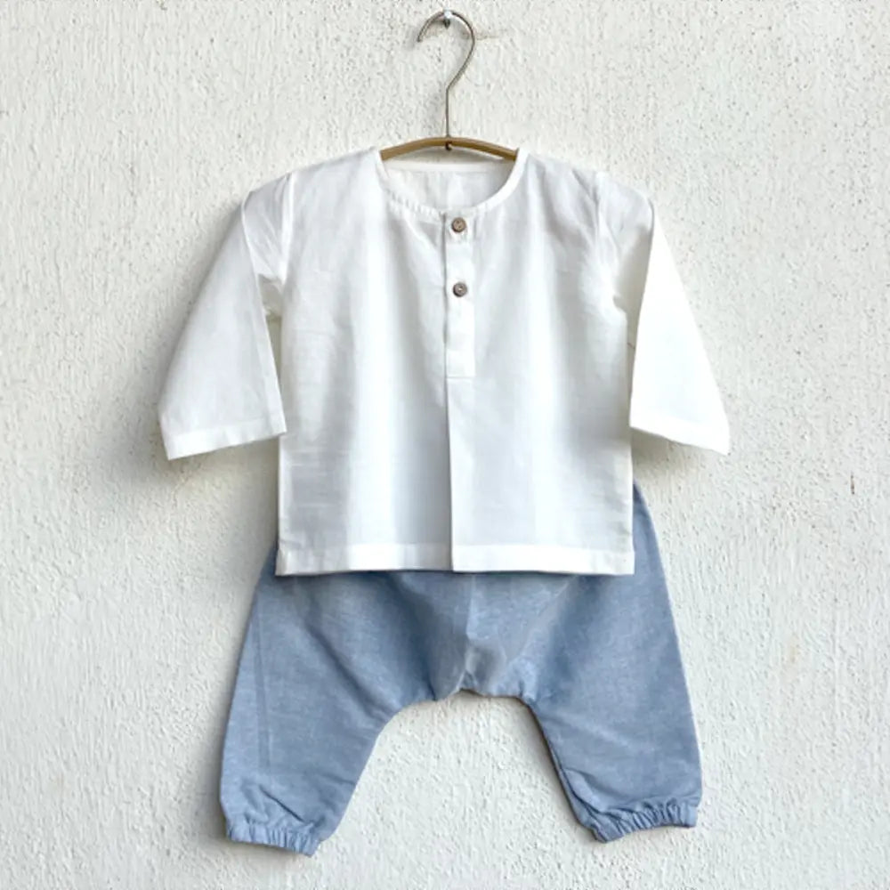 Whitewater Kids Unisex Organic Essential White Kurta + Blue Chambray Pants