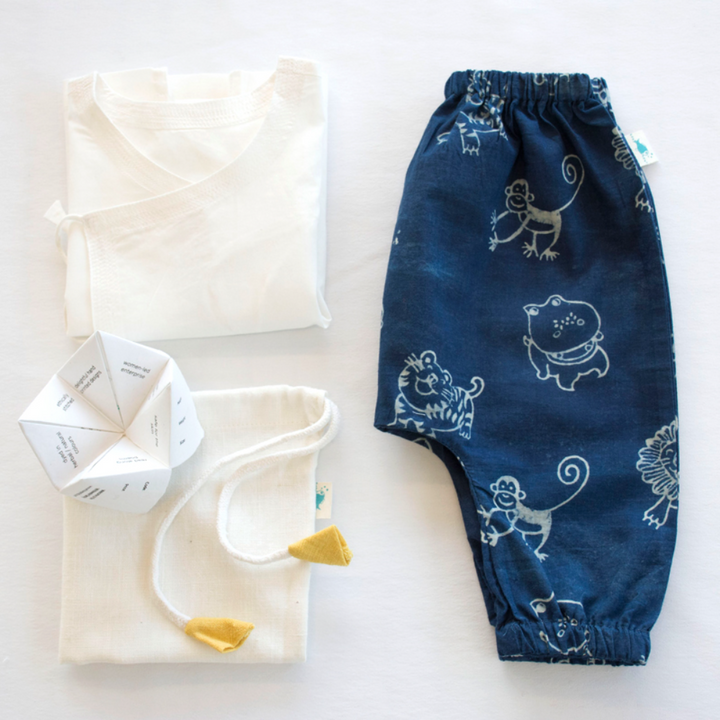Whitewater Kids Unisex Organic White &amp; Indigo Kurta Set