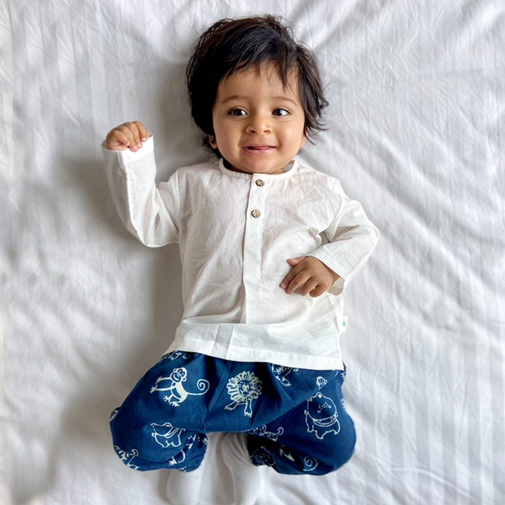 Whitewater Kids Organic White &amp; Indigo Kurta Set