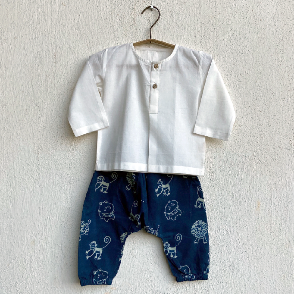 Whitewater Kids Organic White &amp; Indigo Kurta Set