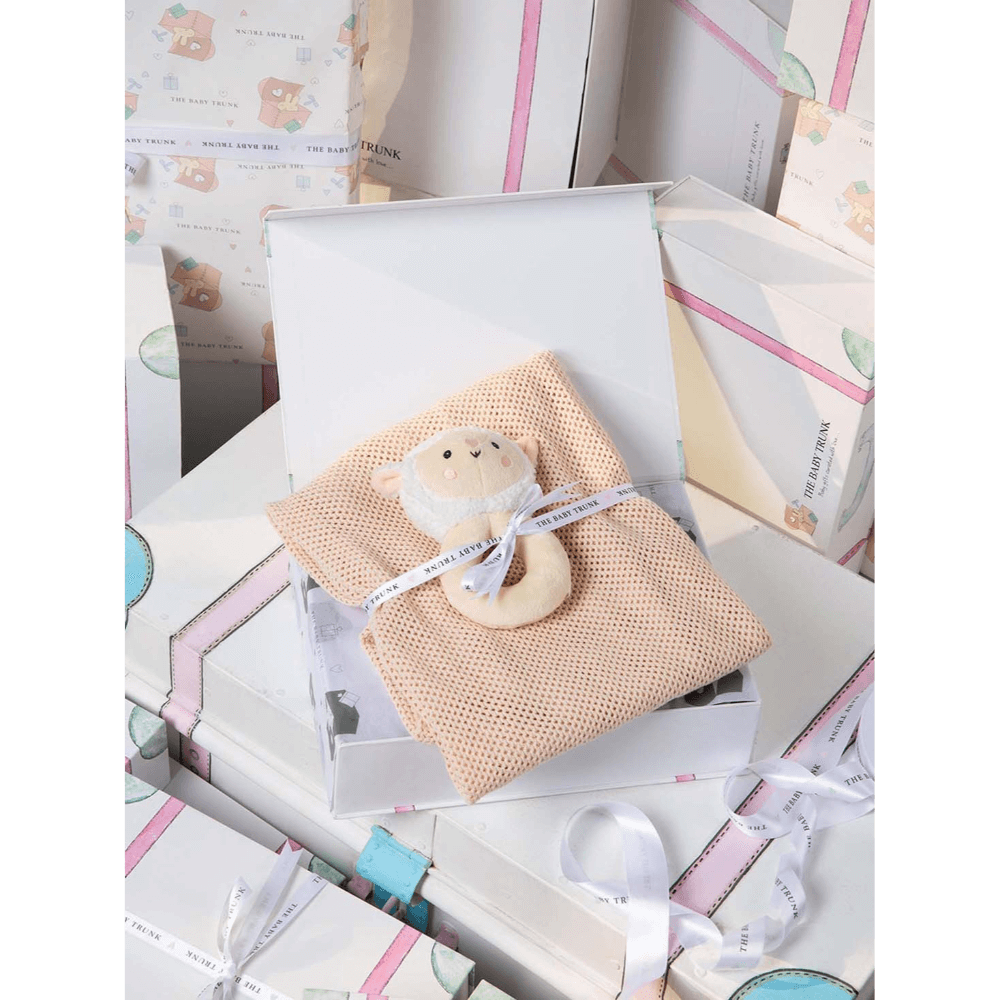 The Baby Trunk Knitted Snuggle Blanket &amp; Sheep Rattle Gift Set Box (Pack Of 2) - Newborn