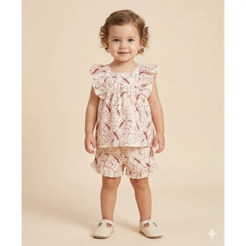 Sweetlime By AS Red Floral Embroidery Ruffle Organic Cotton Co-ord Set -  Beige &amp; Red