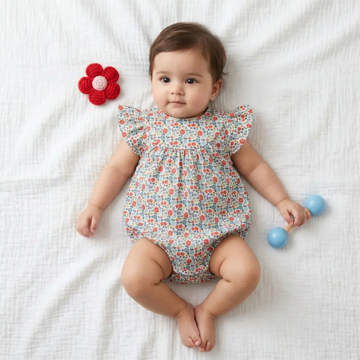 Sweetlime By AS Baby Girls Floral Printed Flutter Sleeve Romper Multicolor