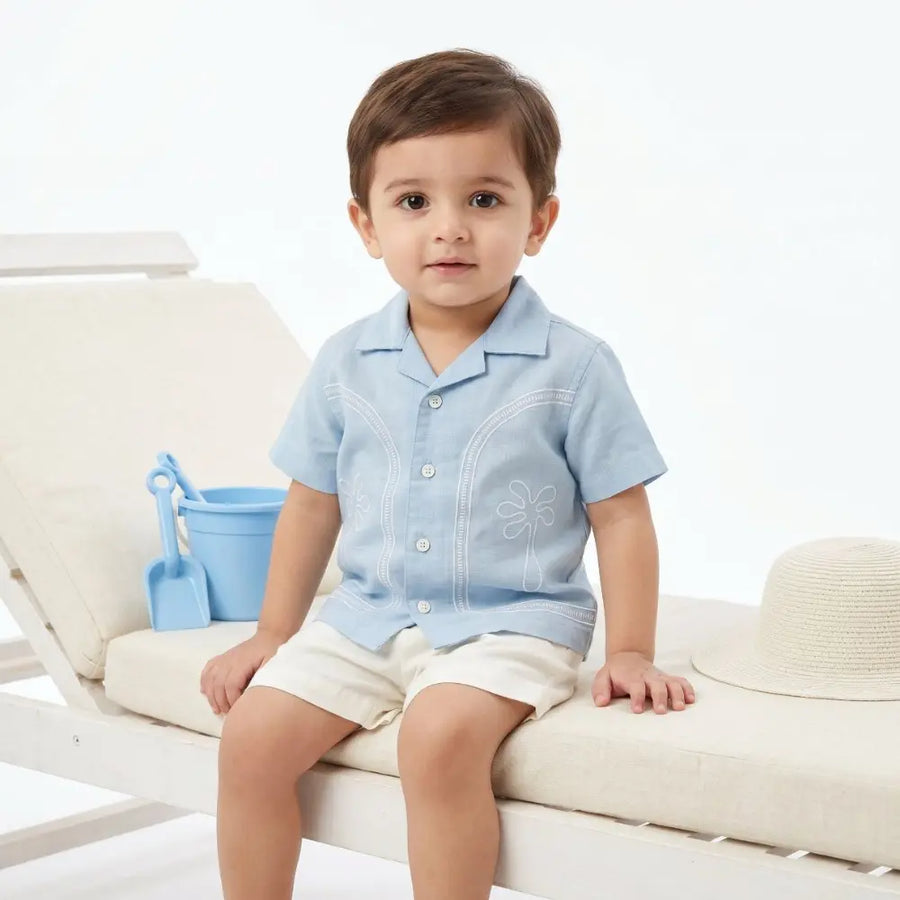 Sweetlime By AS Baby Boys Blue Palm Embroidered Shirt & Shorts Co-Ord Set Blue & White