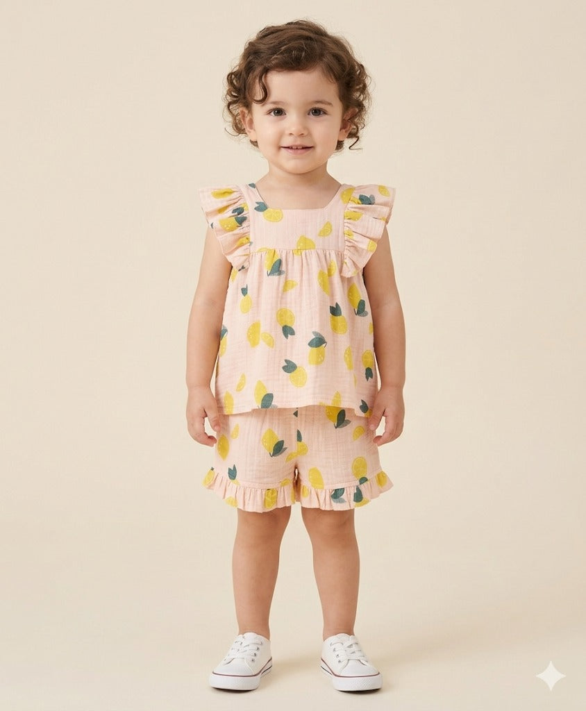 Sweetlime By AS Yellow Lemon Print Ruffle Organic Cotton Co-ord Set