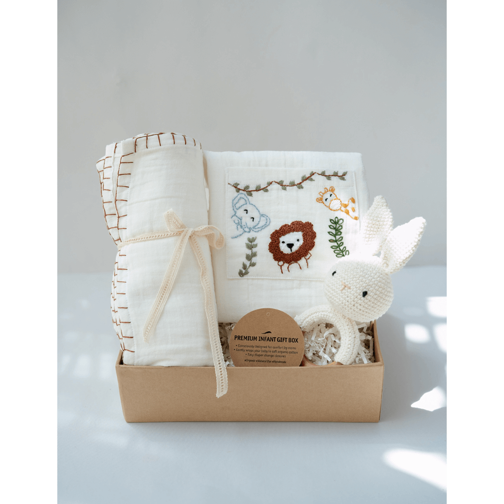 PureCloth.Co Baby Gift Hamper with Cotton Romper and Swaddle- White