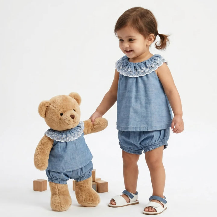 Sweetlime By AS Cotton Denim Ruffle Dress &amp; Bloomer Set - Blue