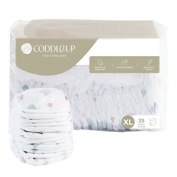 CODDLE UP Baby Pull-Up Diapers, Ultra Soft, Hypoallergenic, Breathable &amp; Leak-Proof - XL (11–16 kg), 25 Count