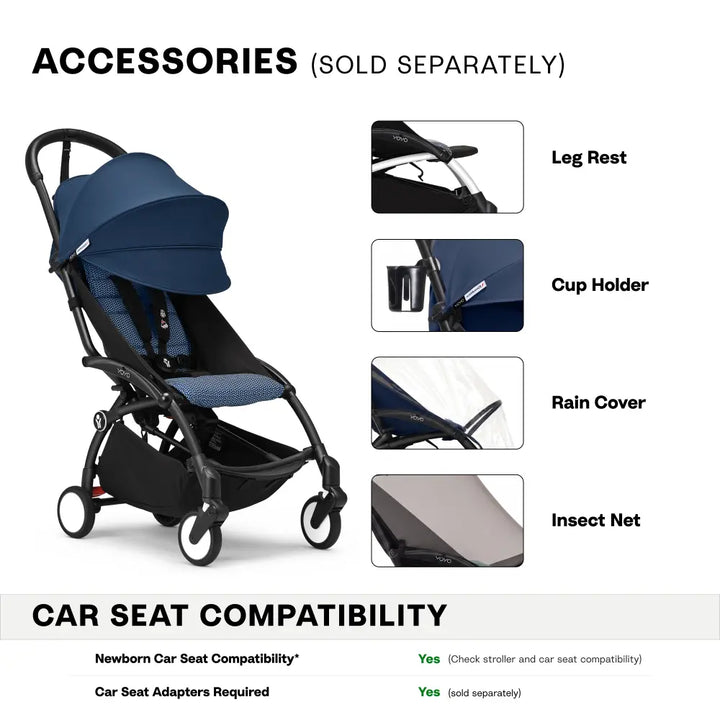 Stokke YOYO3 Stroller | Lightweight Compact Travel Stroller for Babies | Cabin Friendly &amp; Foldable | UPF 50+ Sun Protection | 5 Point Safety Harness | Award Winning Design | YOYO Stroller India | 6 Months to 4 Years - Black/Air France Blue