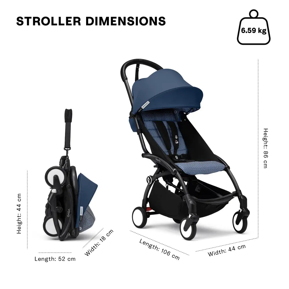 Stokke YOYO3 Stroller | Lightweight Compact Travel Stroller for Babies | Cabin Friendly &amp; Foldable | UPF 50+ Sun Protection | 5 Point Safety Harness | Award Winning Design | YOYO Stroller India | 6 Months to 4 Years - Black/Air France Blue