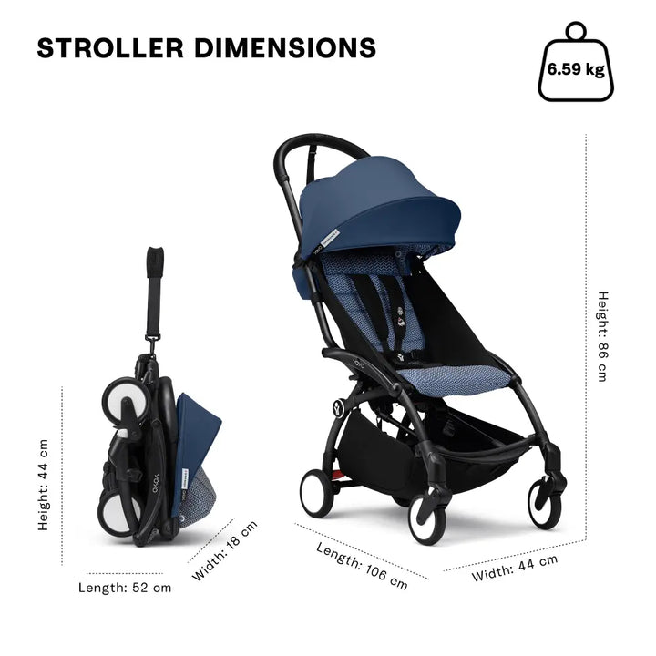 Stokke YOYO3 Stroller | Lightweight Compact Travel Stroller for Babies | Cabin Friendly &amp; Foldable | UPF 50+ Sun Protection | 5 Point Safety Harness | Award Winning Design | YOYO Stroller India | 6 Months to 4 Years - Black/Air France Blue