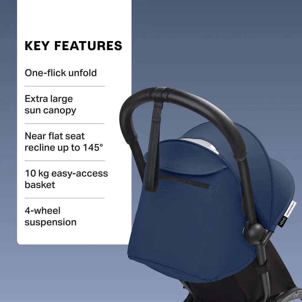 Stokke YOYO3 Stroller | Lightweight Compact Travel Stroller for Babies | Cabin Friendly &amp; Foldable | UPF 50+ Sun Protection | 5 Point Safety Harness | Award Winning Design | YOYO Stroller India | 6 Months to 4 Years - Black/Air France Blue