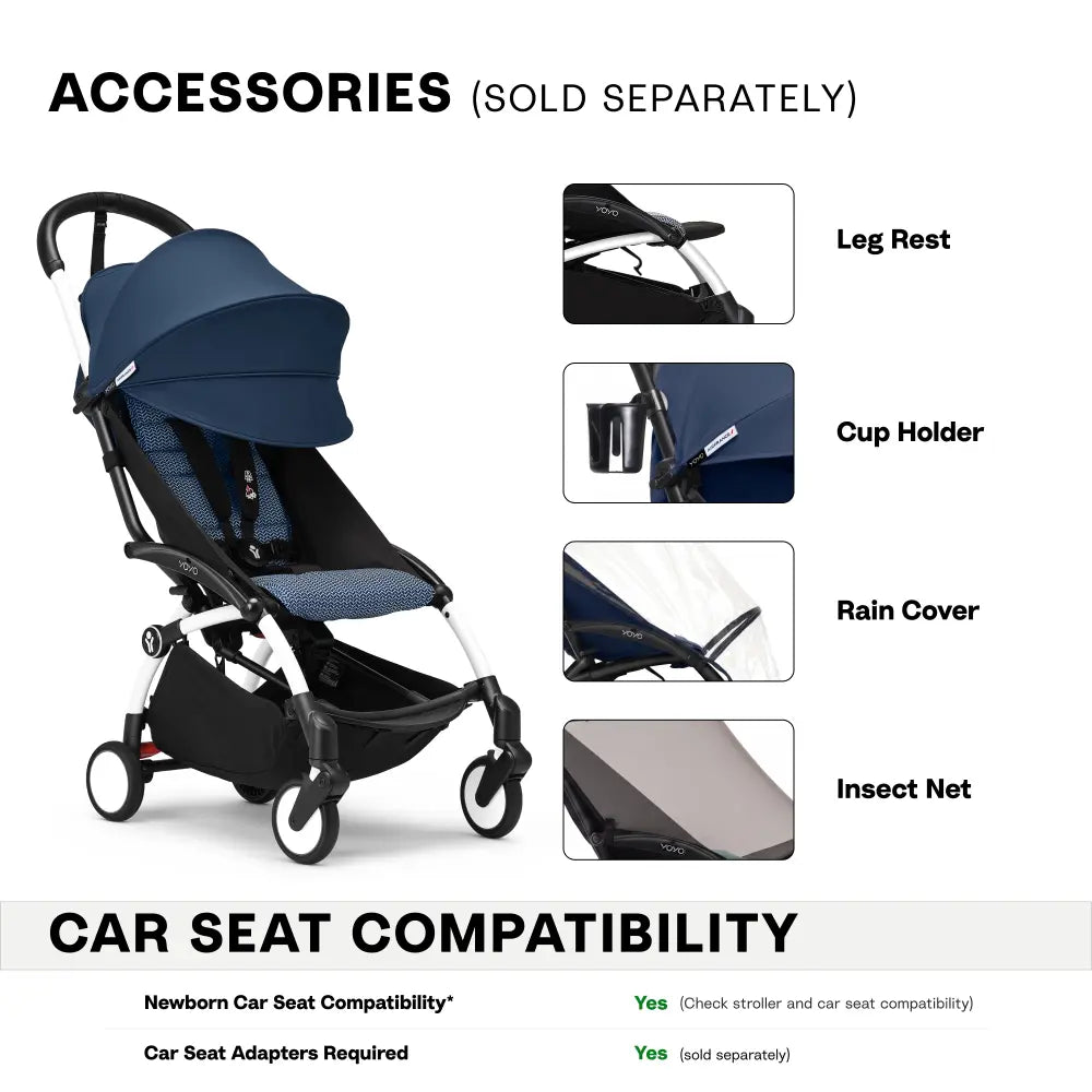 Stokke YOYO3 Stroller | Lightweight Compact Travel Stroller for Babies | Cabin Friendly &amp; Foldable | UPF 50+ Sun Protection | 5 Point Safety Harness | Award Winning Design | YOYO Stroller India | 6 Months to 4 Years – White/Air France Blue