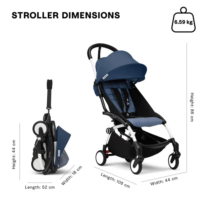Stokke YOYO3 Stroller | Lightweight Compact Travel Stroller for Babies | Cabin Friendly &amp; Foldable | UPF 50+ Sun Protection | 5 Point Safety Harness | Award Winning Design | YOYO Stroller India | 6 Months to 4 Years – White/Air France Blue