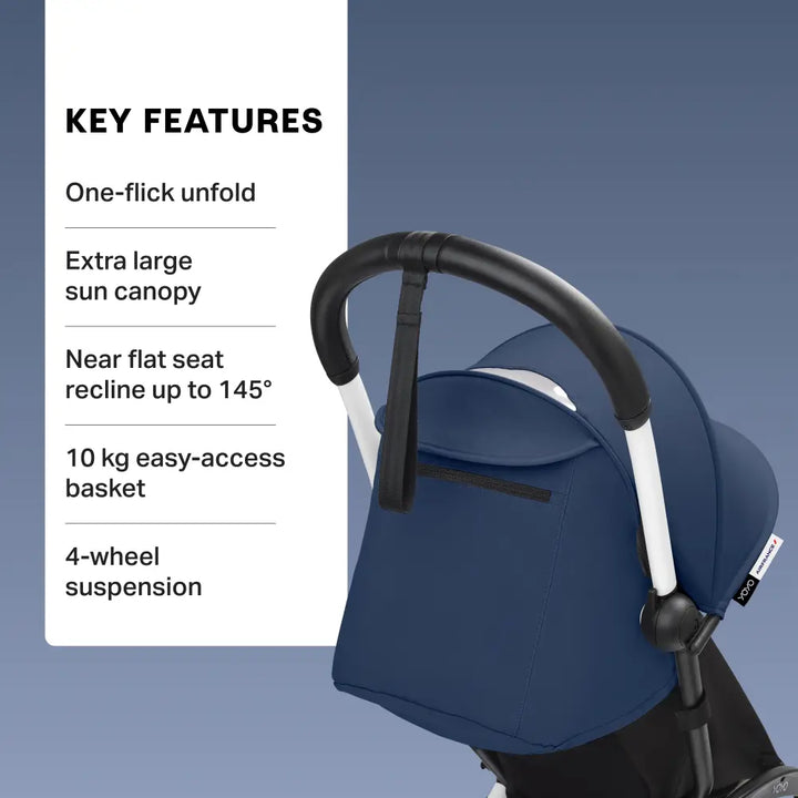 Stokke YOYO3 Stroller | Lightweight Compact Travel Stroller for Babies | Cabin Friendly &amp; Foldable | UPF 50+ Sun Protection | 5 Point Safety Harness | Award Winning Design | YOYO Stroller India | 6 Months to 4 Years – White/Air France Blue