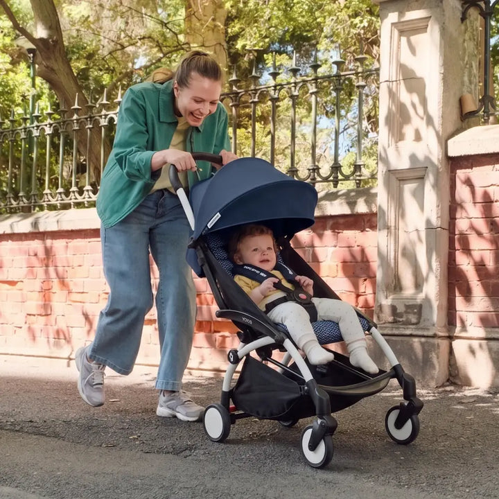 Stokke YOYO3 Stroller | Lightweight Compact Travel Stroller for Babies | Cabin Friendly &amp; Foldable | UPF 50+ Sun Protection | 5 Point Safety Harness | Award Winning Design | YOYO Stroller India | 6 Months to 4 Years – White/Air France Blue