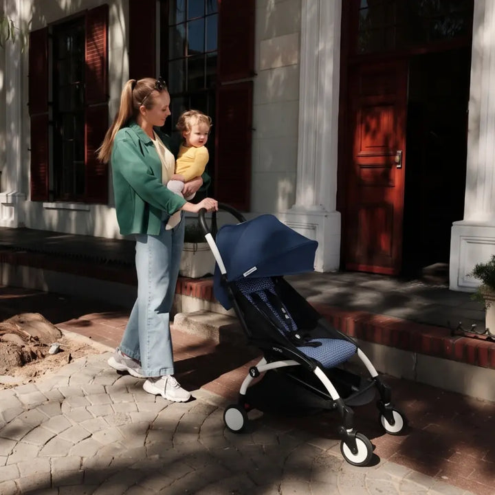 Stokke YOYO3 Stroller | Lightweight Compact Travel Stroller for Babies | Cabin Friendly &amp; Foldable | UPF 50+ Sun Protection | 5 Point Safety Harness | Award Winning Design | YOYO Stroller India | 6 Months to 4 Years – White/Air France Blue