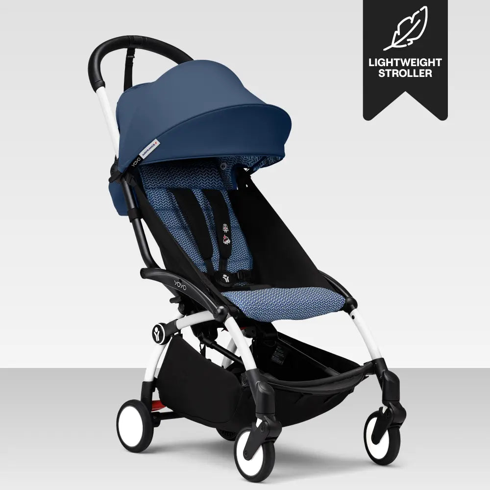 Stokke YOYO3 Stroller | Lightweight Compact Travel Stroller for Babies | Cabin Friendly &amp; Foldable | UPF 50+ Sun Protection | 5 Point Safety Harness | Award Winning Design | YOYO Stroller India | 6 Months to 4 Years – White/Air France Blue