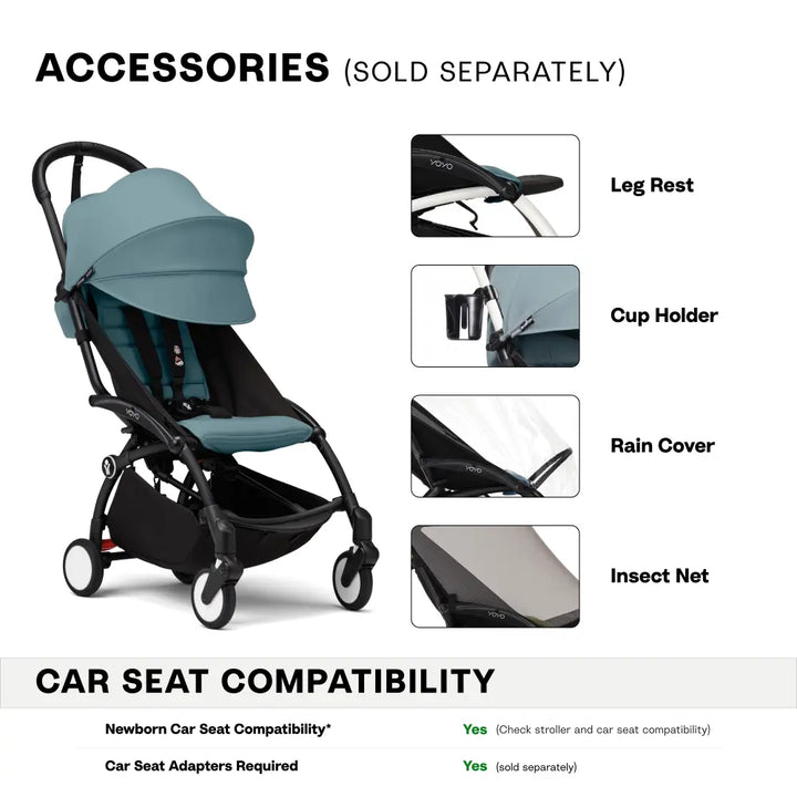 Stokke YOYO3 Stroller | Lightweight Compact Travel Stroller for Babies | Cabin Friendly &amp; Foldable | UPF 50+ Sun Protection | 5 Point Safety Harness | Award Winning Design | YOYO Stroller India | 6 Months to 4 Years - Black/Aqua
