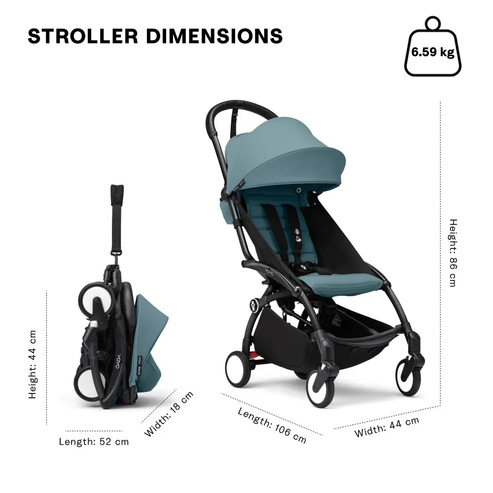 Stokke YOYO3 Stroller | Lightweight Compact Travel Stroller for Babies | Cabin Friendly &amp; Foldable | UPF 50+ Sun Protection | 5 Point Safety Harness | Award Winning Design | YOYO Stroller India | 6 Months to 4 Years - Black/Aqua